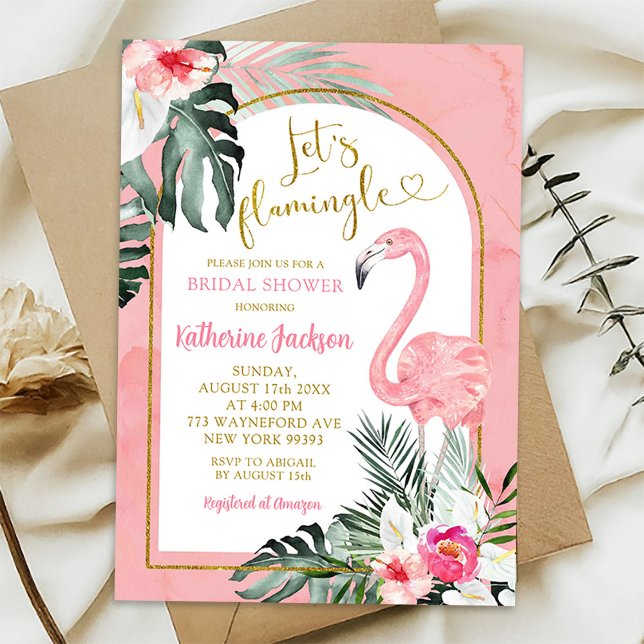 Monstera Pink Tropical Flamingo Bridal Shower Invitation (Creator Uploaded)