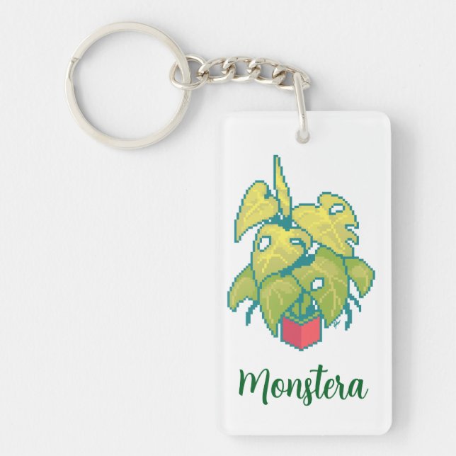 Monstera Pixelart, Pixel Art Key Ring (Front)