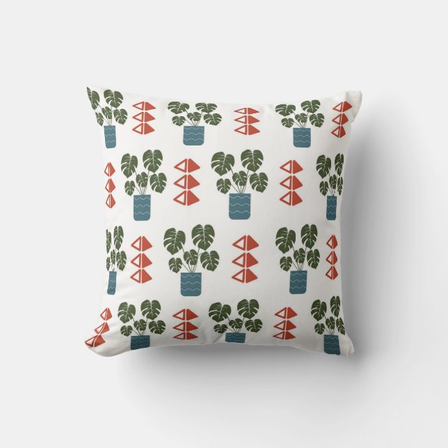Monstera Plant and Red Triangles Couch Pillow (Front)