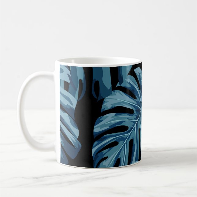 Monstera plant: blue leaves pattern. coffee mug (Left)