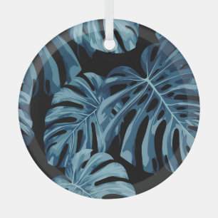 Monstera plant: blue leaves pattern. glass tree decoration
