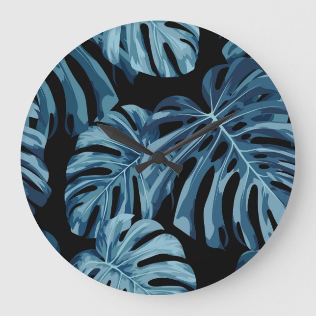 Monstera plant: blue leaves pattern. large clock (Front)