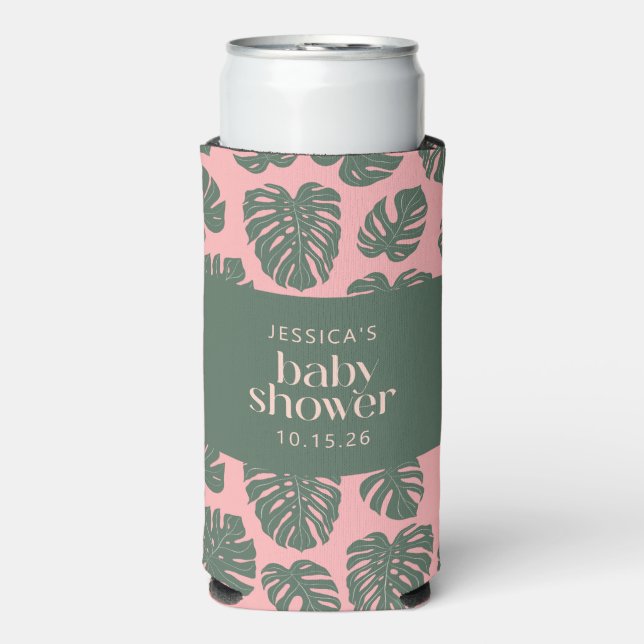 Monstera Plant Botanical Pink Green Baby Shower Seltzer Can Cooler (Seltzer Front)