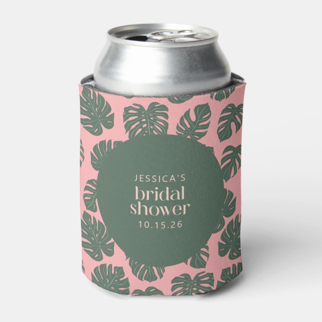 Monstera Plant Botanical Pink Green Bridal Shower Can Cooler (Can Front)