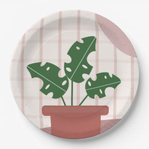 Monstera Plants Terracotta Plaid Background Pink Paper Plate
