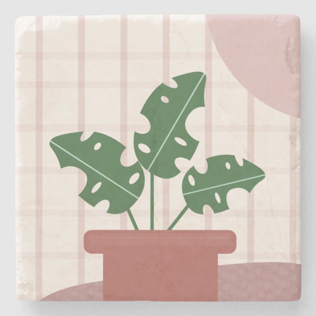 Monstera Plants Terracotta Plaid Background Pink Stone Coaster (Front)
