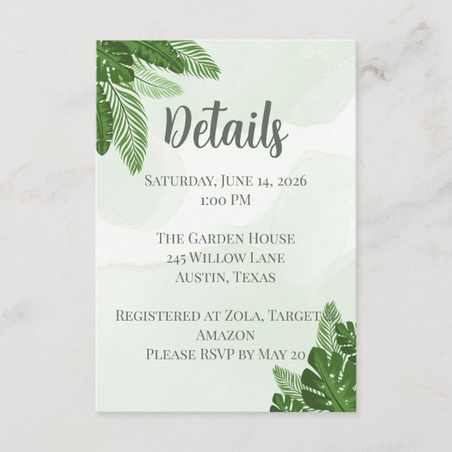 Monstera Shower Insert Card Tropical Greenery Pale (Front)