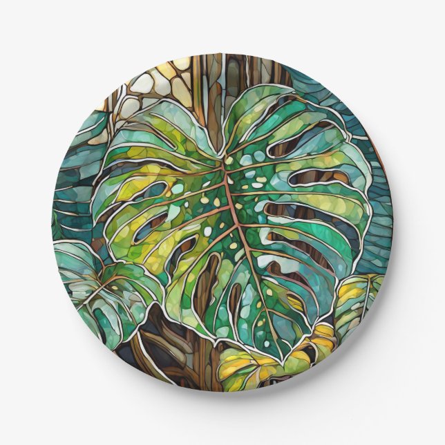 Monstera stained glass paper plate (Front)