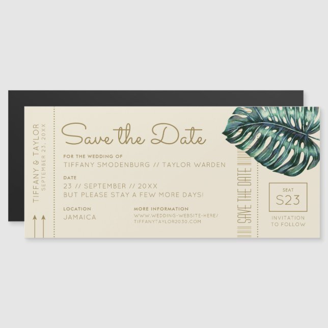 Monstera Tan Boarding Pass Magnet Save the Date (Front/Back)