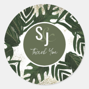 Monstera Tropical Faux Gold Splash Wedding Suite Classic Round Sticker