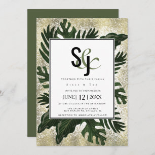 Monstera Tropical Faux Gold Splash Wedding Suite Invitation