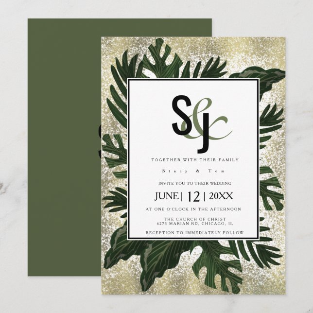 Monstera Tropical Faux Gold Splash Wedding Suite Invitation (Front/Back)