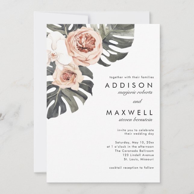 Monstera Tropical Flowers Wedding Invitation (Front)