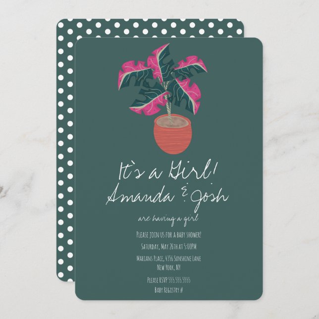 Monstera Tropical Green Dots Girls Baby Shower Invitation (Front/Back)
