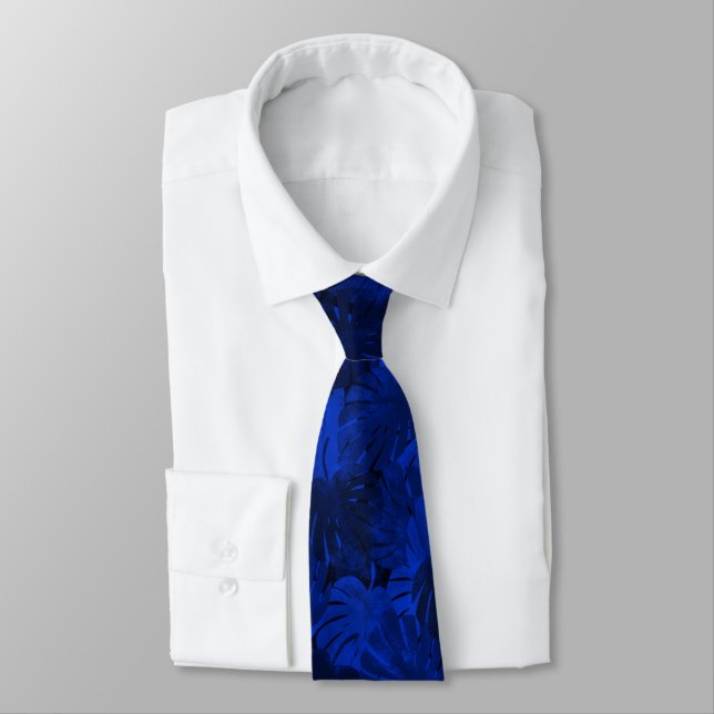 Monstera Tropical Hawaii Leaves Cobalt Blue Neck T Tie (Tied)