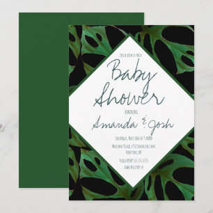Monstera Tropical Leaf Pattern Baby Shower Black Invitation