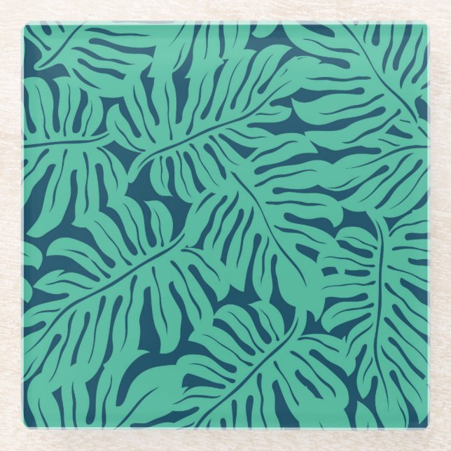 Monstera Tropical Leaf Pattern Glass Coaster (Front)