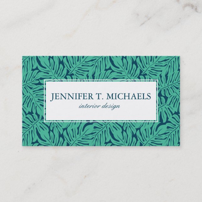 Monstera Tropical Leaf Pattern | Monogram Business Card (Front)