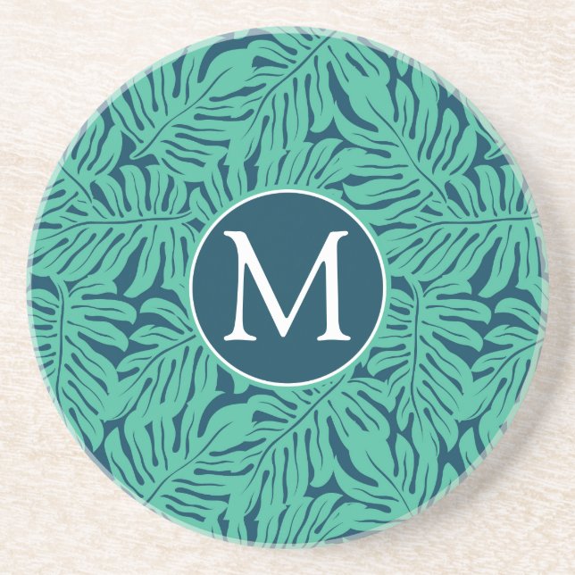 Monstera Tropical Leaf Pattern | Monogram Coaster (Front)