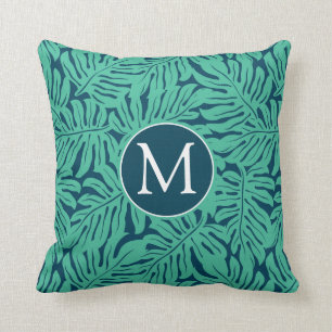 Monstera Tropical Leaf Pattern Monogram Cushion