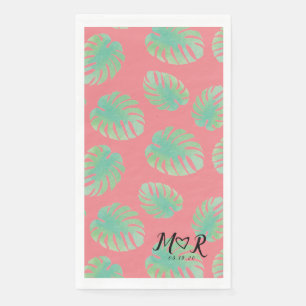 Monstera Tropical Leaf Pink Green Wedding Logo Napkin
