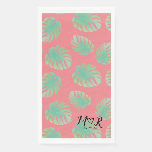 Monstera Tropical Leaf  Pink Green Wedding Logo    Napkin (Front)