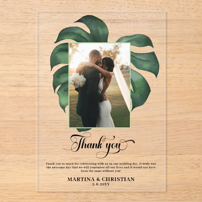 Monstera Tropical Leaf Wedding Thank You Acrylic Invitations (Front)
