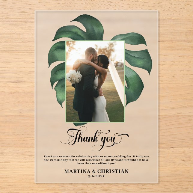 Monstera Tropical Leaf Wedding Thank You Acrylic Invitations (Front)