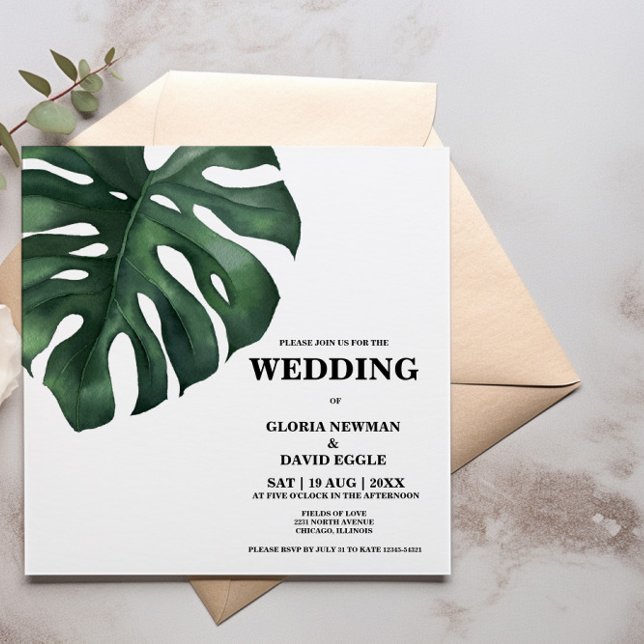 Monstera Tropical Palm Leaf Square Wedding  Invita Invitation (Creator Uploaded)