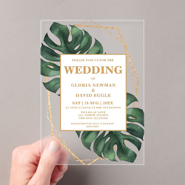 Monstera Tropical Palm Leaves Wedding  Acrylic Invitations (Insitu (Handheld))