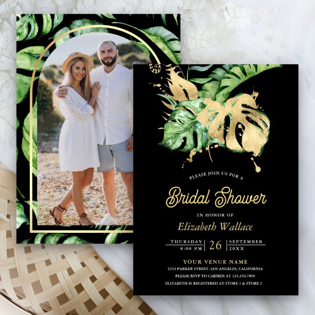 Monstera Tropical Palm Photo Black Bridal Shower Invitation (Creator Uploaded)