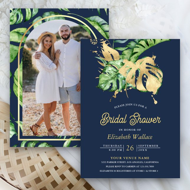 Monstera Tropical Palm Photo Navy Bridal Shower Invitation (Creator Uploaded)