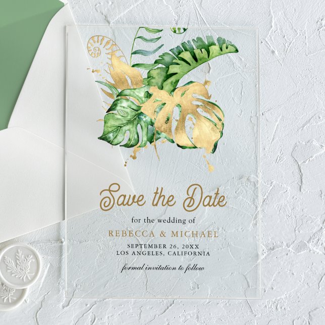 Monstera Tropical Palm Wedding Save the Date Acrylic Invitations (Creator Uploaded)