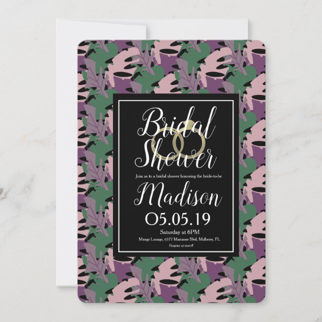 Monstera Tropical Purple Faux Gold Bridal Shower Invitation (Front)