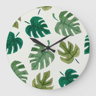 Monstera Watercolor: Green Seamless Texture. Large Clock