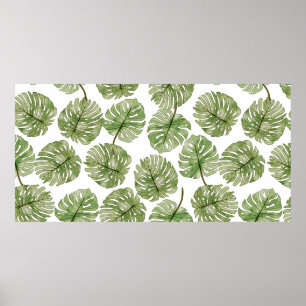 Monstera Watercolor Green Tropical Leaves Seamless Poster