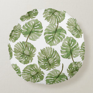 Monstera Watercolor Green Tropical Leaves Seamless Round Cushion