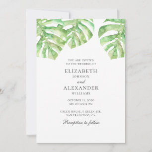 Monstera. Watercolor greenery tropical wedding Invitation