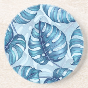 Monstera watercolor pattern blue coaster