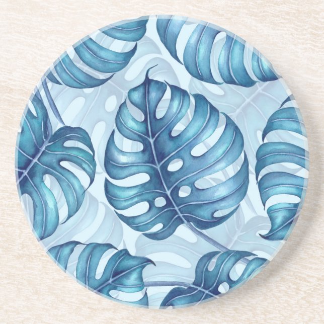 Monstera watercolor pattern blue coaster (Front)