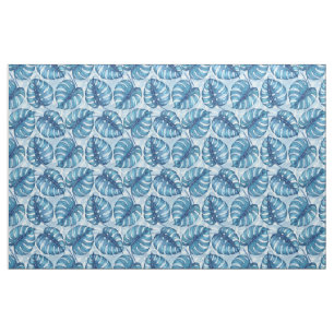 Monstera watercolor pattern blue fabric