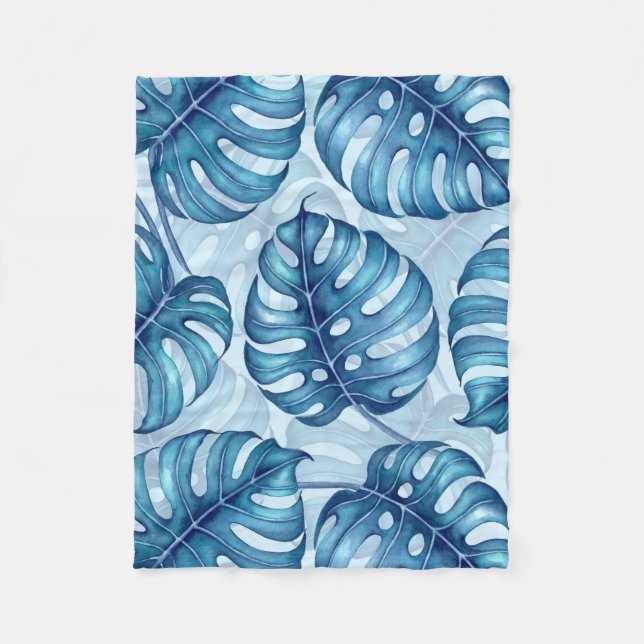 Monstera watercolor pattern blue fleece blanket (Front)