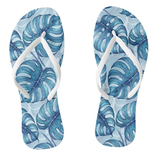 Monstera watercolor pattern blue flip flops (Footbed)