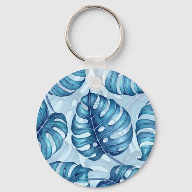 Monstera watercolor pattern blue key ring (Front)