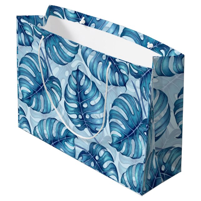 Monstera watercolor pattern blue large gift bag (Back Angled)