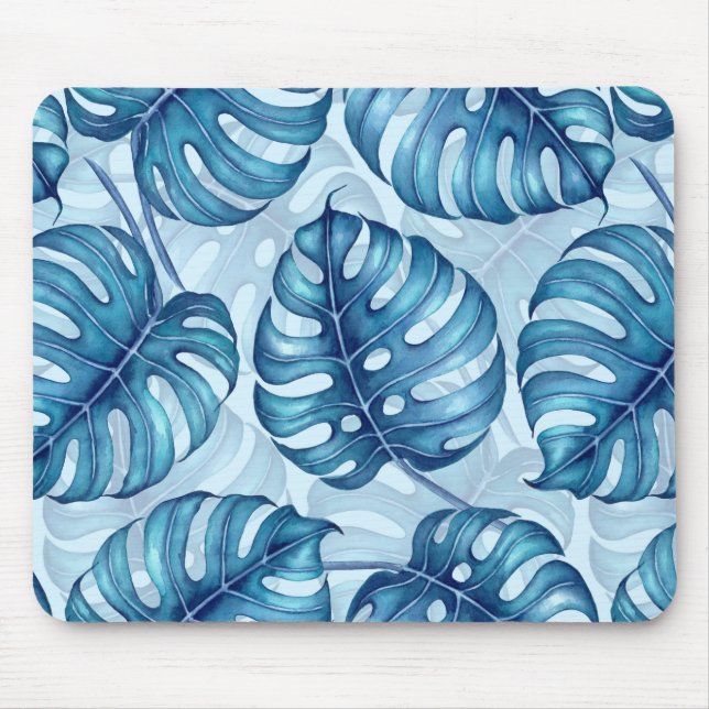 Monstera watercolor pattern blue mouse mat (Front)