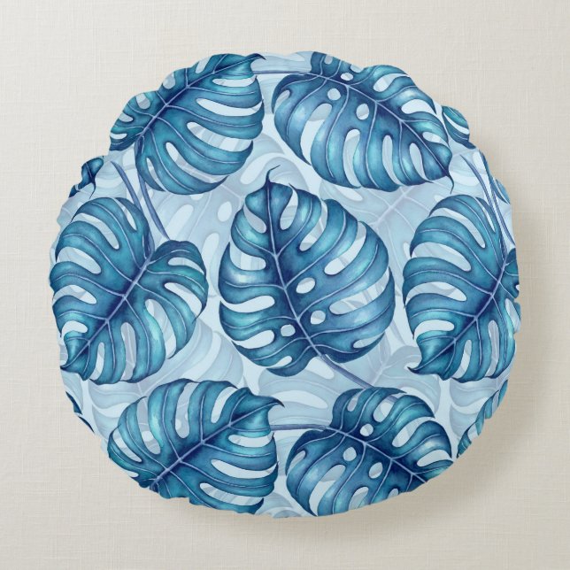 Monstera watercolor pattern blue round cushion (Front)