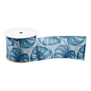 Monstera watercolor pattern blue satin ribbon