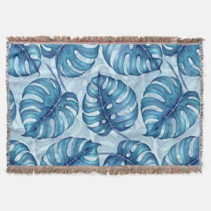 Monstera watercolor pattern blue throw blanket