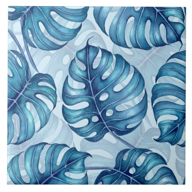 Monstera watercolor pattern blue tile (Front)